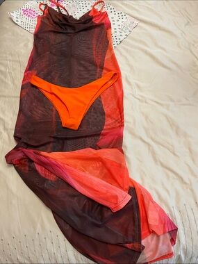 M.   HOT. Sheer Mesh Maxi Cover-Up with Bright Orange Bikini Bottom. NWOT